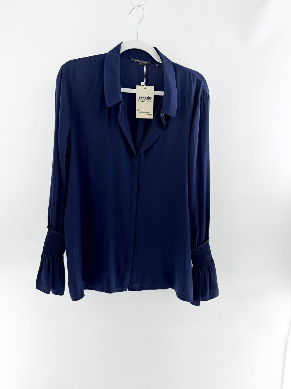 Kobi Halperin Silk Blend Long Sleeve Button-Up Shirt Navy Blue Womens Size XL